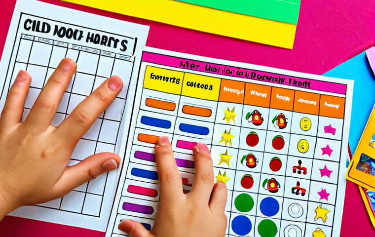 **
A child's hands are filling a sticker chart. Some stickers are rewards for reading books and doing homework. The child looks happy and motivated. Background is a colorful room, with toys and books.
**