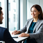 A professional female leader, with a warm and empathetic expression, actively engages in a sincere one-on-one conversation with a male team member in a contemporary office meeting room. They are seated at a clean, modern table, maintaining eye contact that conveys trust and understanding. Both individuals are fully clothed in modest business attire, appropriate attire, professional dress. The background features blurred office elements, emphasizing their interaction. The lighting is soft and inviting. safe for work, appropriate content, perfect anatomy, correct proportions, natural pose, well-formed hands, proper finger count, natural body proportions, professional photography, high quality.