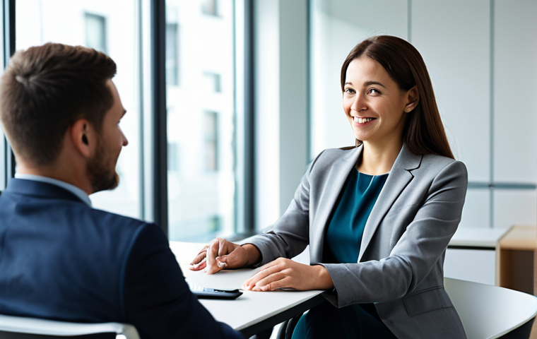 A professional female leader, with a warm and empathetic expression, actively engages in a sincere one-on-one conversation with a male team member in a contemporary office meeting room. They are seated at a clean, modern table, maintaining eye contact that conveys trust and understanding. Both individuals are fully clothed in modest business attire, appropriate attire, professional dress. The background features blurred office elements, emphasizing their interaction. The lighting is soft and inviting. safe for work, appropriate content, perfect anatomy, correct proportions, natural pose, well-formed hands, proper finger count, natural body proportions, professional photography, high quality.